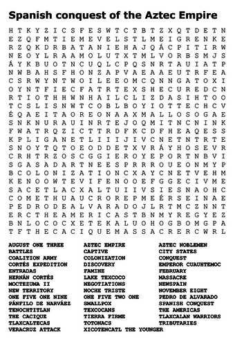 Spanish conquest of the Aztec Empire Word Search