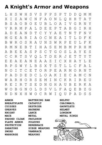 A Knight's Armor and Weapons Word Search