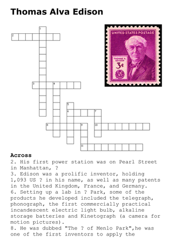 Thomas Edison Crossword Teaching Resources