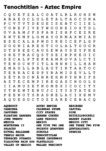 Tenochtitlan - Aztec Empire Word Search