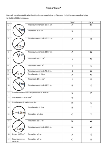 Circumference & area of a circle - True or False activity