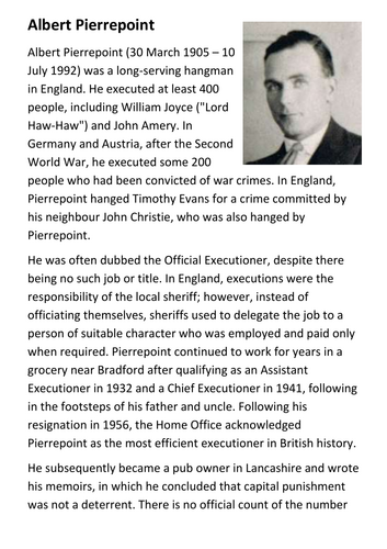 Albert Pierrepoint Handout - Capital Punishment and Word Search