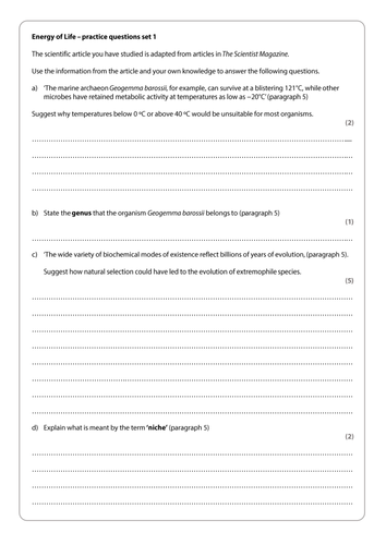 SNAB 2017 Scientific Article 'Energy of Life' practice questions and mark schemes