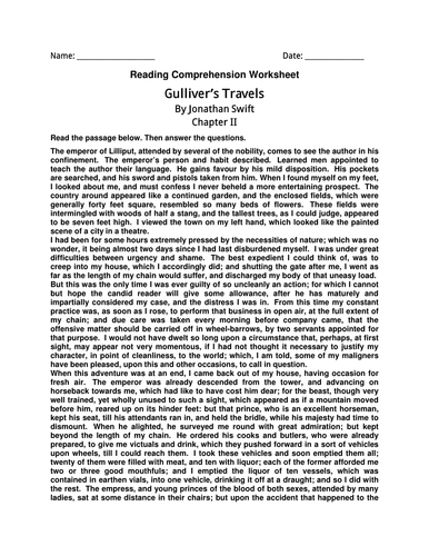 English Comprehension Worksheet- Gulliver's Travels By Jonathan Swift