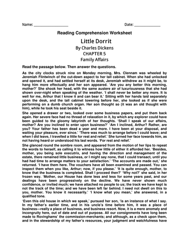 English Comprehension Worksheet- Little Dorrit By Charles Dickens