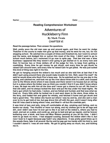 English Comprehension Worksheet- Adventures of Huckleberry Finn By Mark Twain