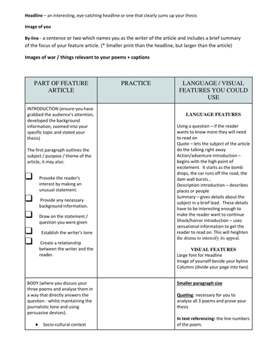 War Poetry feature article assessment structure