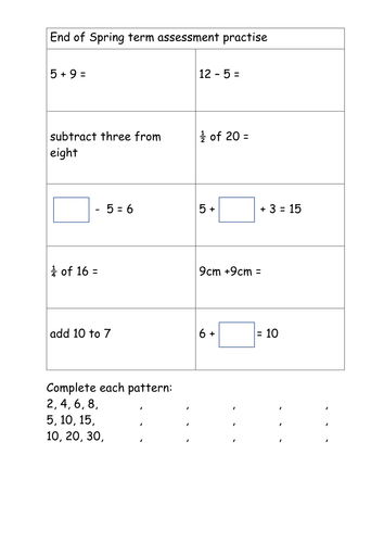 Y1 and Y2 Arithmetic Assessments White Rose Style Questions