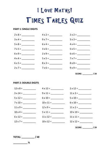 2 - 12 Times Tables Quiz | Teaching Resources