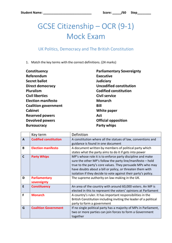 GCSE Citizenship Mock Exam  (OCR 9-1) Democracy, Constitution, Politics