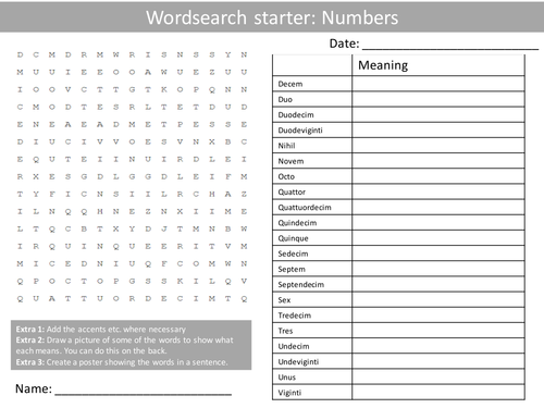 Latin Numbers Wordsearch Crossword Anagrams Keyword Starters Homework Cover Plenary