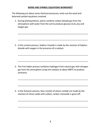 WORD AND SYMBOL EQUATIONS WORKSHEET WITH ANSWERS | Teaching Resources