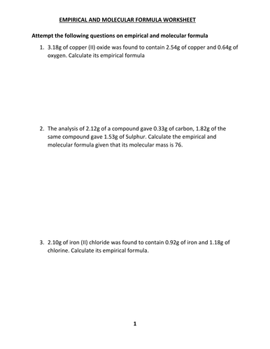 EMPIRICAL AND MOLECULAR FORMULA WORKSHEET WITH ANSWERS