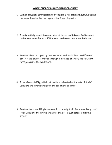 WORK, ENERGY AND POWER WORKSHEET WITH ANSWER