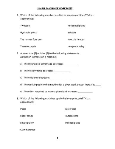 SIMPLE MACHINES WORKSHEET WITH ANSWER