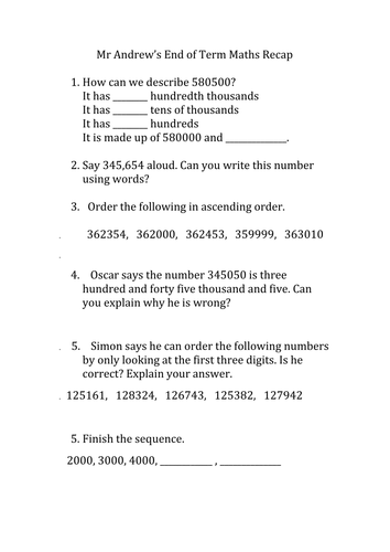 Place Value end of topic review MASTERY