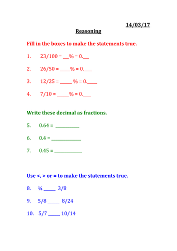 Fractions, decimals and percentages reasoning