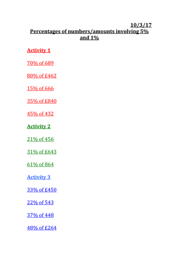 Percentages of numbers and amounts involving 5% and 1%