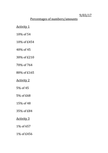 Percentage of numbers and amounts