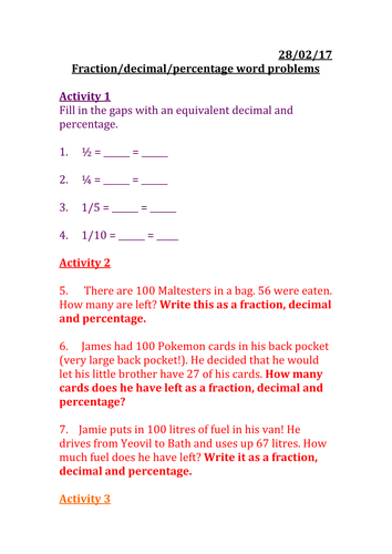 Fraction Decimal Percentage Word Problems Teaching Resources