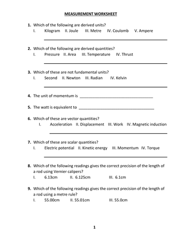MEASUREMENTS, SCALARS AND VECTORS WORKSHEET WITH ANSWER