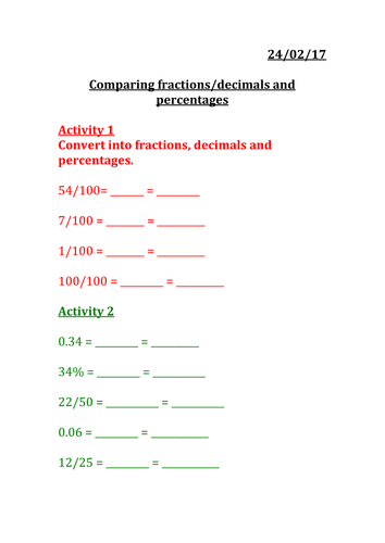 Comparing fractions/decimals and percentages