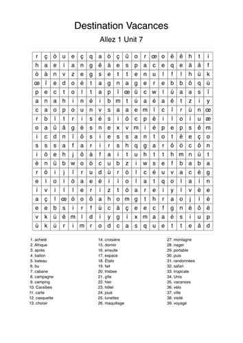 Destination Vacances Wordsearch - Allez 1 Unit 7