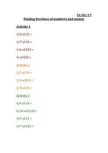 Finding fractions of numbers and money