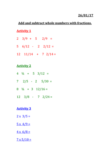 Add and subtract whole numbers with fractions.