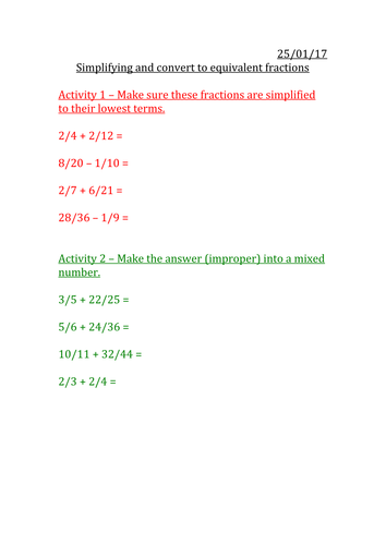 Simplifying and convert to equivalent fractions