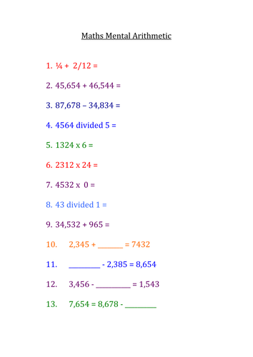 Mental Arithmetic Practise Teaching Resources