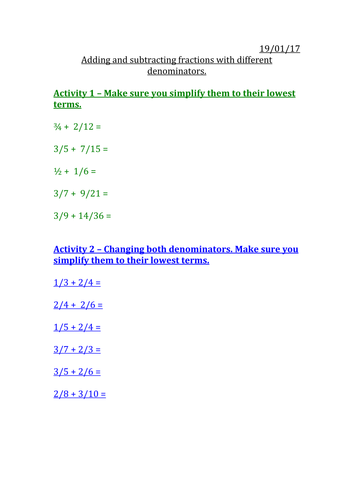 Adding and subtracting fractions with different denominators.