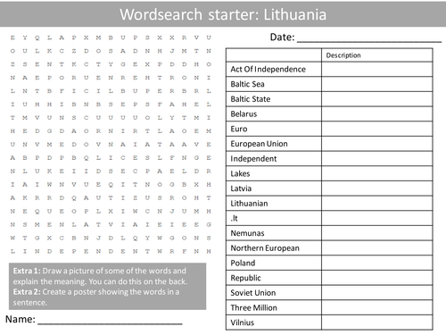 Geography Lithuania Starter Activities Wordsearch Anagrams Crossword Alphabet Homework Cover Lesson