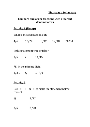 Compare and order fractions with different denominators
