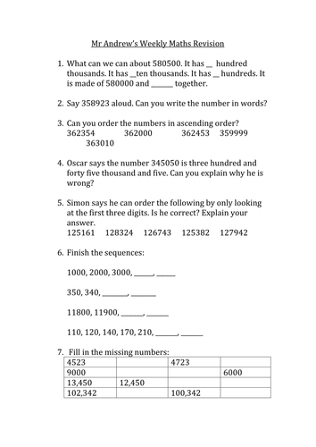 Maths review worksheet