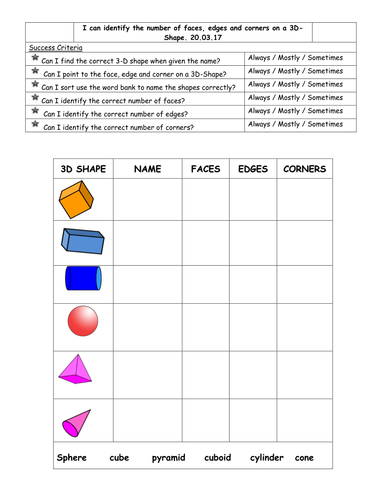 Year 1  or SEN Worksheet on properties of 3D Shapes