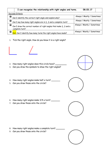 Right angles and turns Year 3