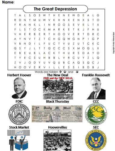 The Great Depression Worksheet/ Word Search
