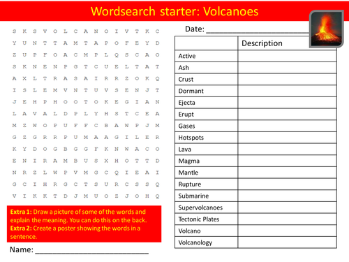 Geography Volcanoes KS3 GCSE Wordsearch Crossword Anagram Alphabet Keyword Starter Cover Lesson