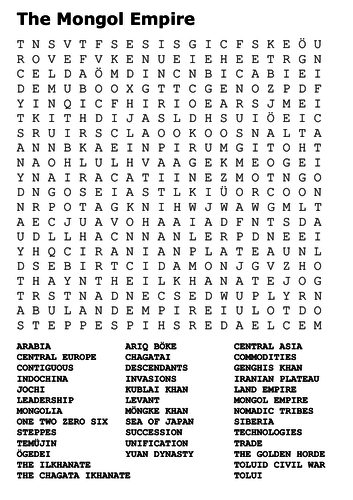 The Mongol Empire Word Search Teaching Resources
