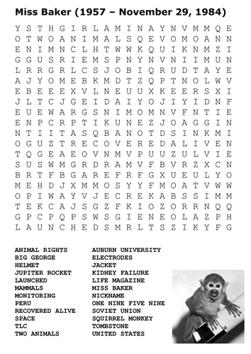 Miss Baker (1957 – November 29, 1984) Cold War Space Monkey Word Search