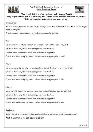 Exposition Essay on War - Writing Frames and Success Criteria