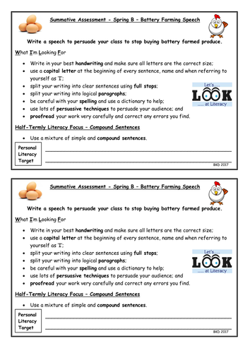 Battery Farming - Speech Writing Frame and success criteria - Year 7