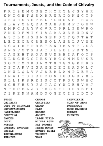 Tournaments, Jousts, and the Code of Chivalry Word Search