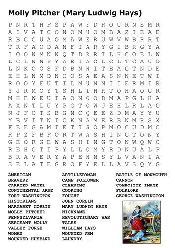 Molly Pitcher (Mary Ludwig Hays) Word Search