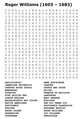 Roger Williams (1603 – 1683) Word Search