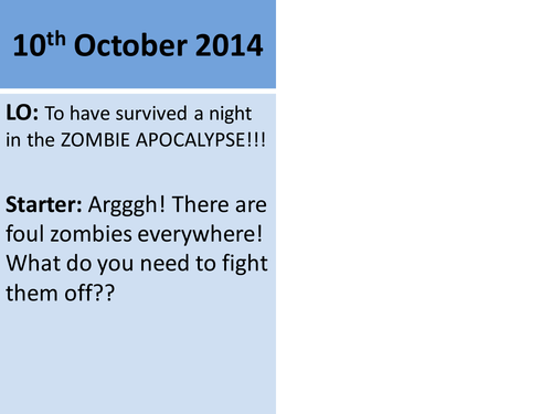 Zombie survival slow-writing activity - verbs, adjectives and nouns; action and exposition