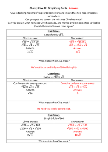 Clumsy Clive On Simplifying Surds