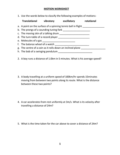 MOTION WORKSHEET WITH ANSWER Teaching Resources