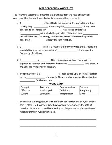 RATE OF REACTION WORKSHEET WITH ANSWER Teaching Resources